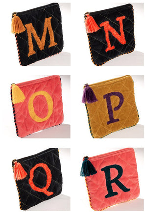 Initial hand embroidered velvet pouch