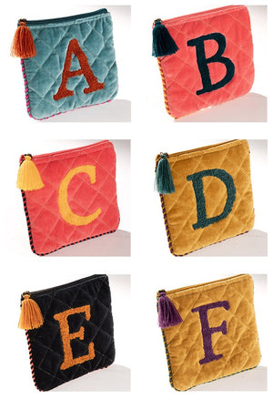 Initial hand embroidered velvet pouch