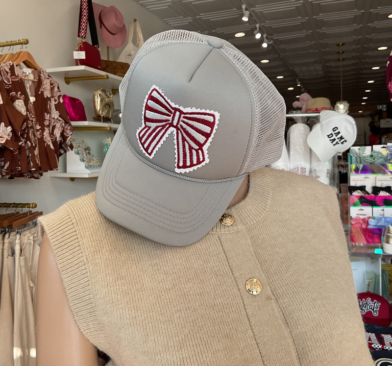 Trucker Hat- Light Gray with burgundy and white bow