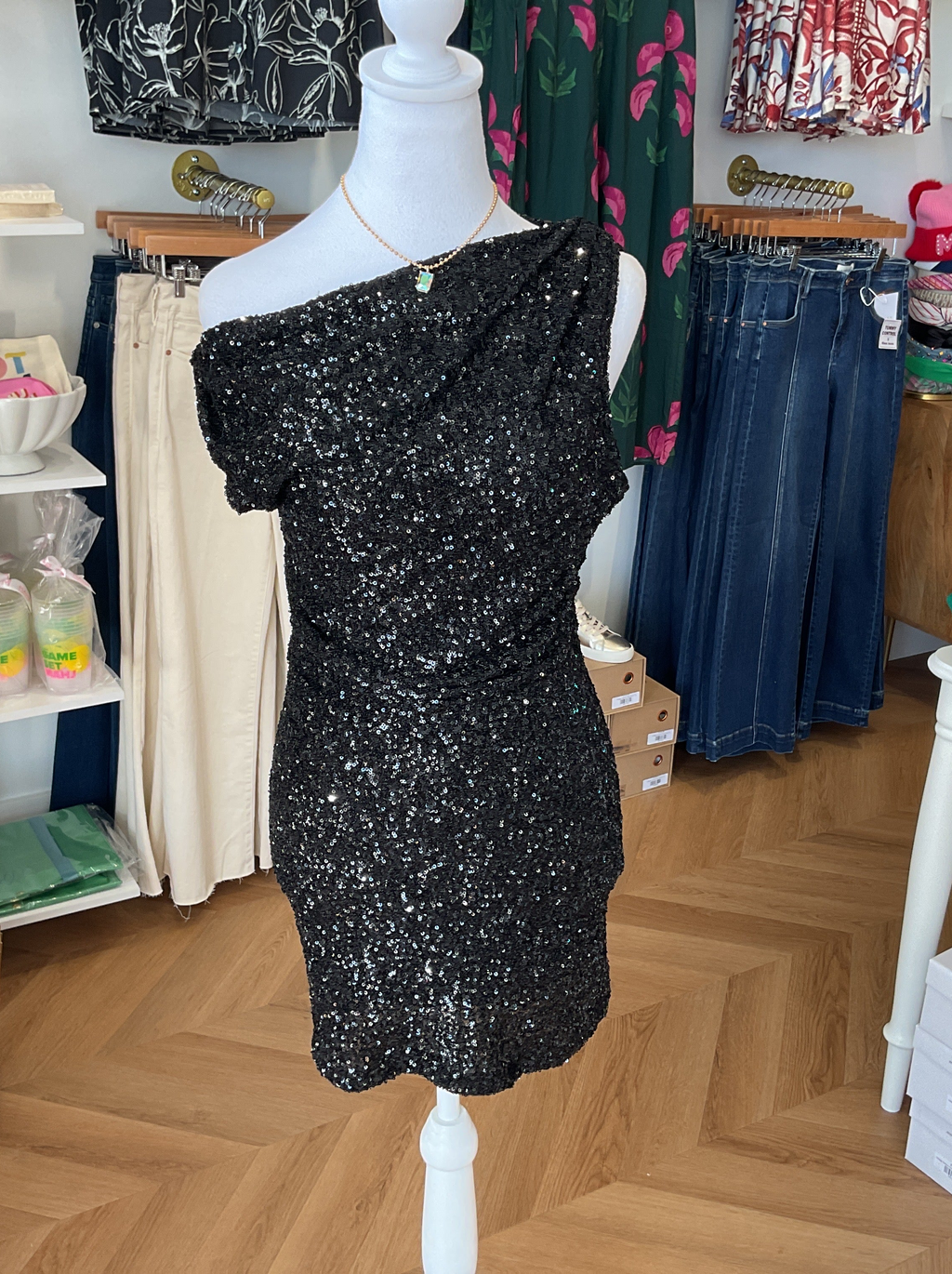 Sequin Asymmetrical Shoulder Mini Dress