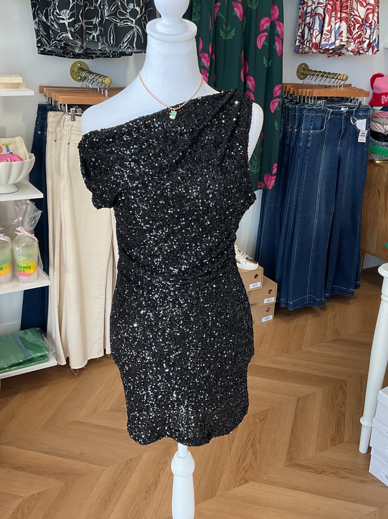 Sequin Asymmetrical Shoulder Mini Dress