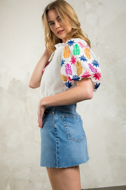 THML white embroidered puff sleeve top