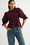 Burgundy Smocked Peplum Blouse
