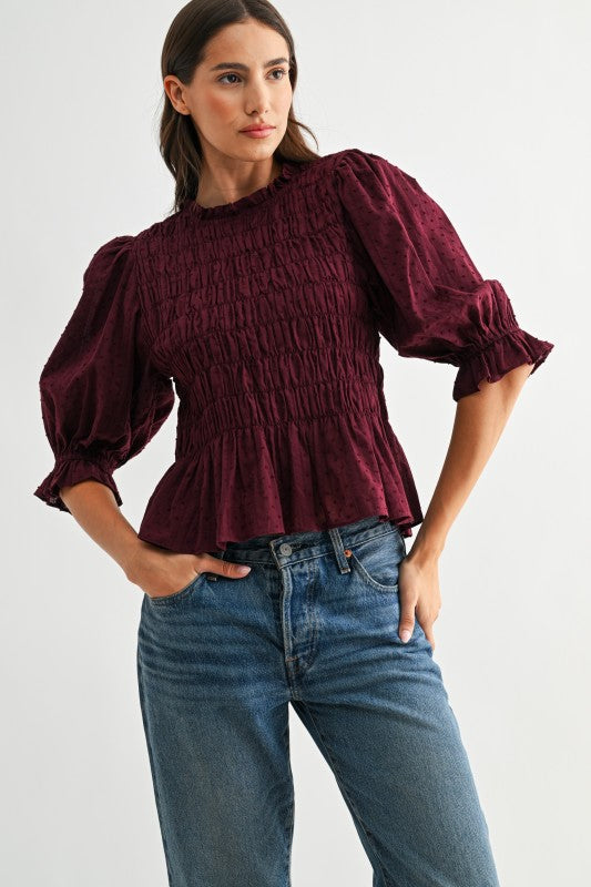 Burgundy Smocked Peplum Blouse