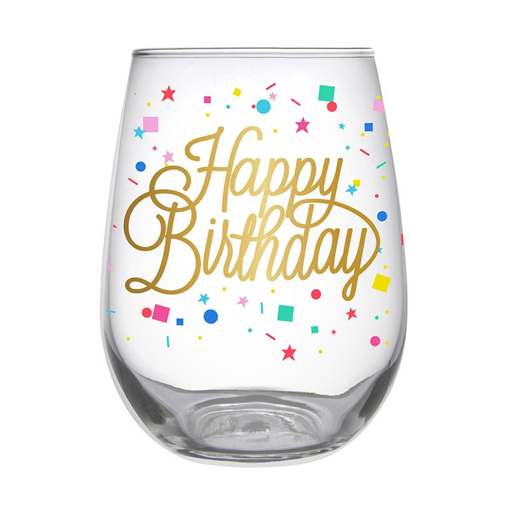 Stemless Wine Glass - Happy Birthday Confetti