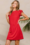Solid shift dress with ruffle sleeve