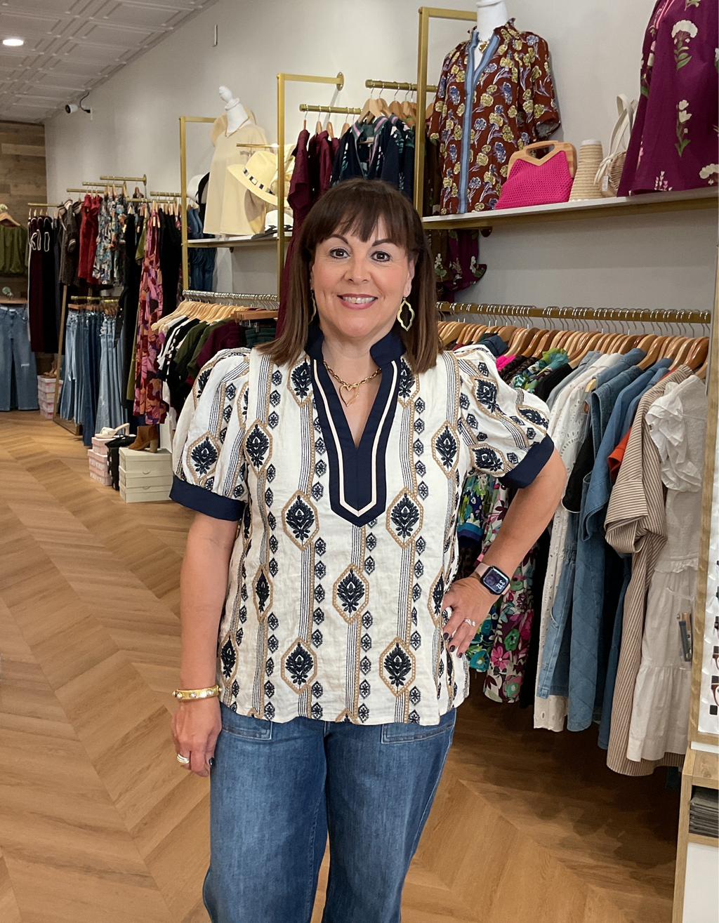 Embroidered Blouse w/ Navy Trim Detail