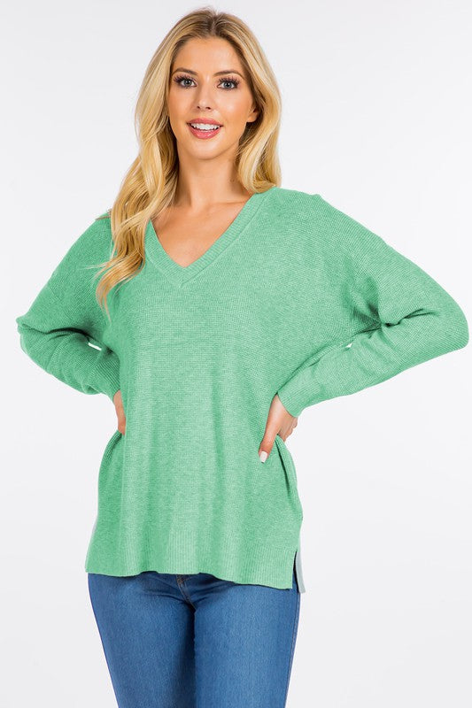 Waffle Knit Vneck Pullover