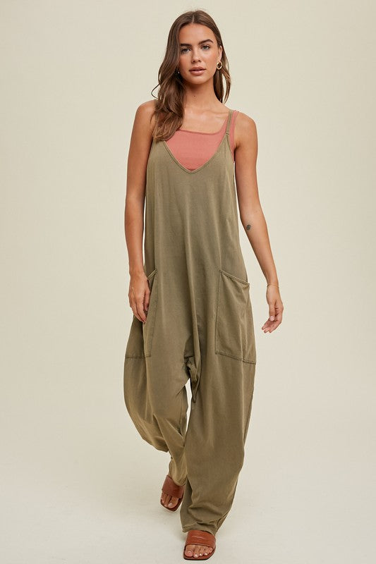 Garment washed oversized knit jumpsuit