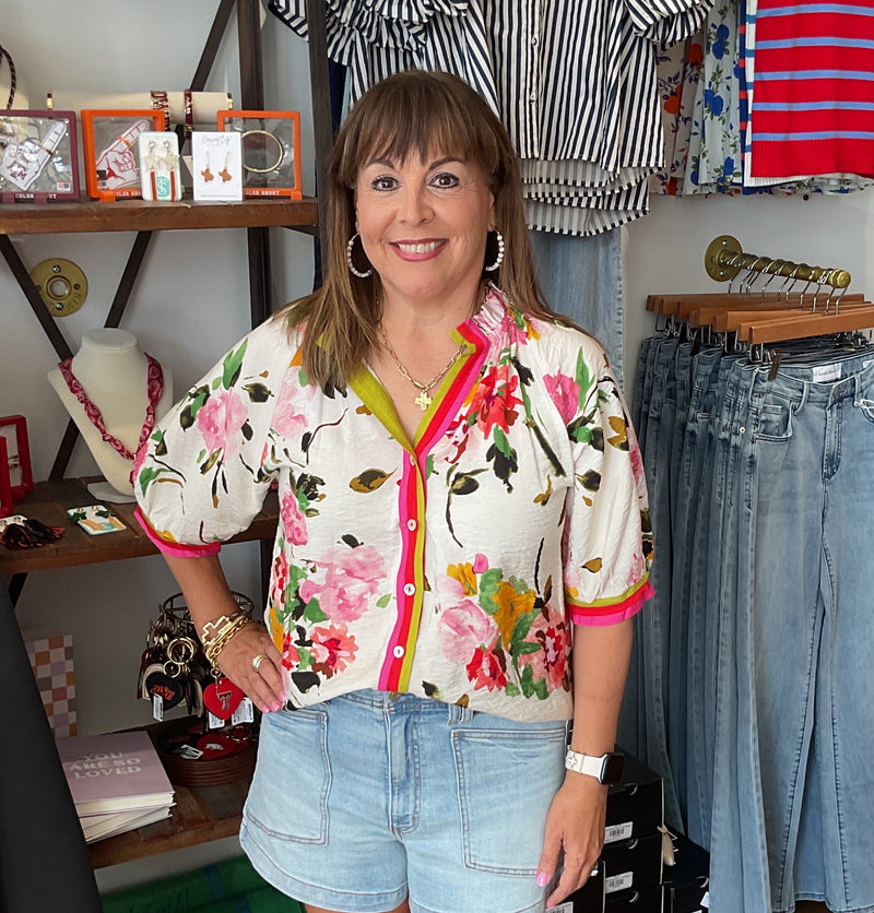 THML Button Up Floral w/ Stripe Detail Blouse – OhSewPeachy