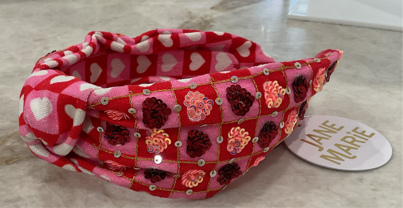 Knotted Red/Pink Checkered with  Seqin Hearts Headband