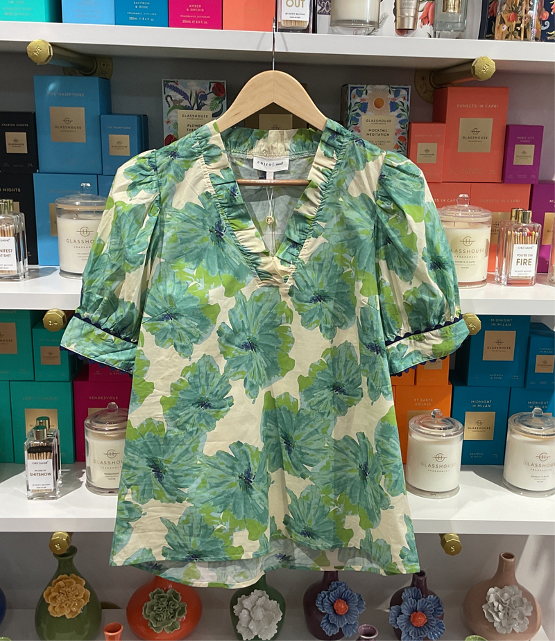 Green Floral Blouse w/ Navy Trim