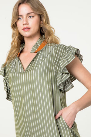 THML Stripe Olive dress with collar detail