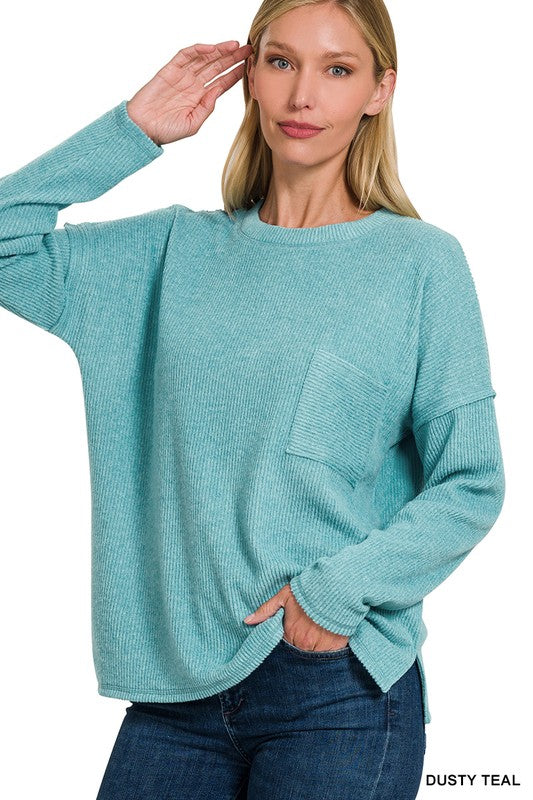 Brushed hacci sweater with front pocket