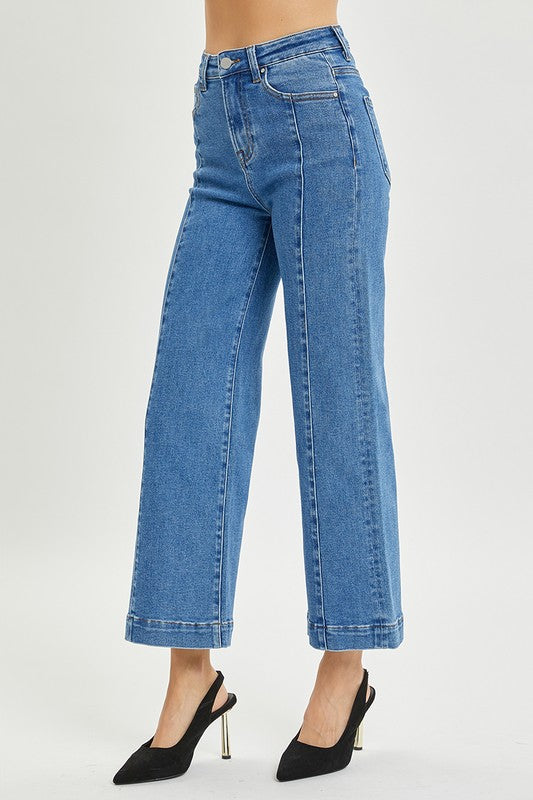 Risen front detail wide leg jeans