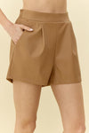 Faux leather shorts w/ pleat