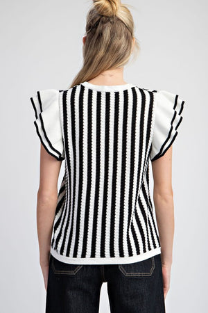 Black/white stripe ruffle sleeve top