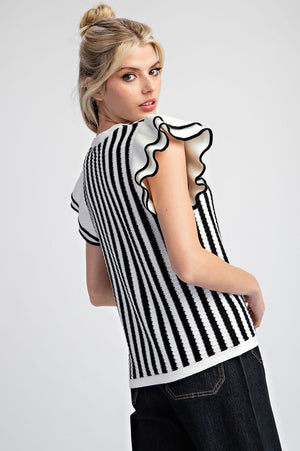 Black/white stripe ruffle sleeve top