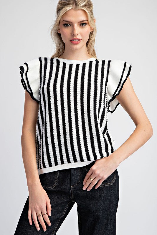 Black/white stripe ruffle sleeve top