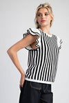 Black/white stripe ruffle sleeve top