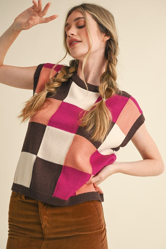 Checkered colorblock top