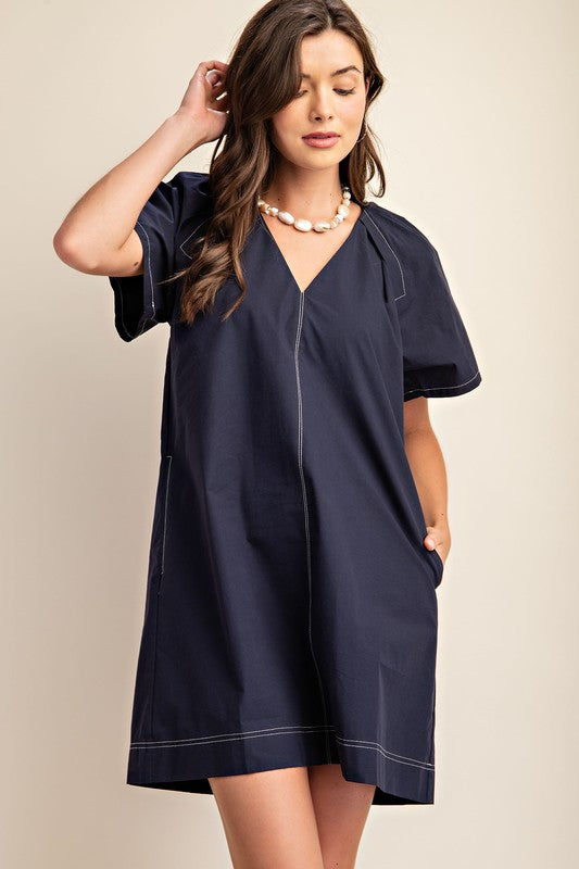 Contrast Stitch Pleated Dress