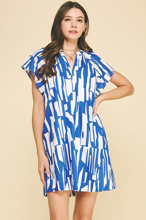 Cap Sleeve Blue Abstract Mini Dress
