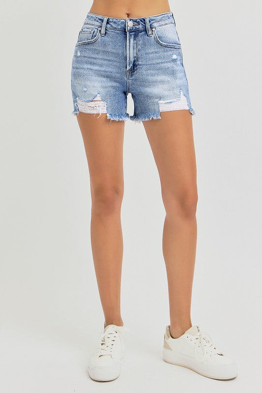 Risen Light wash distressed denim shorts