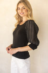 Pleated Puff Sleeve Square Neck Knit Top