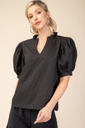 Ruffle neckline puff sleeve blouse