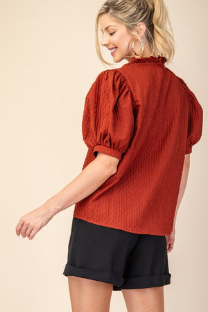 Ruffle neckline puff sleeve blouse