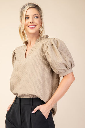 Ruffle neckline puff sleeve blouse