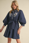 Embroidered Navy Belted Dress