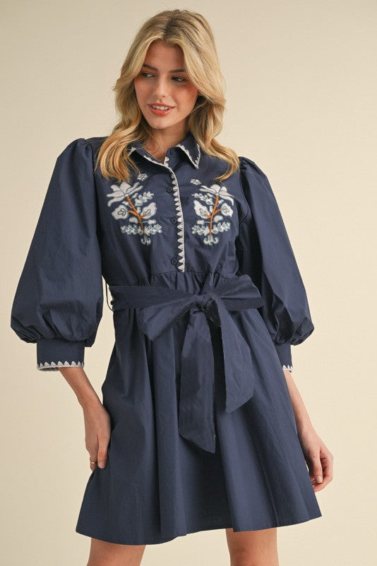 Embroidered Navy Belted Dress