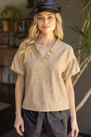 Taupe ruffle vneck blouse