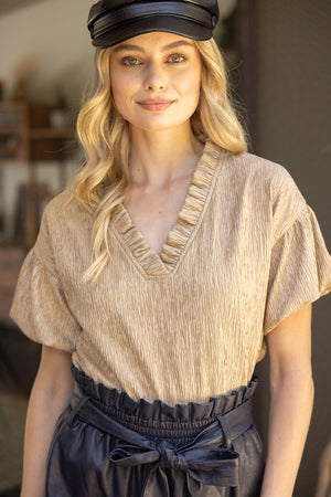 Taupe ruffle vneck blouse