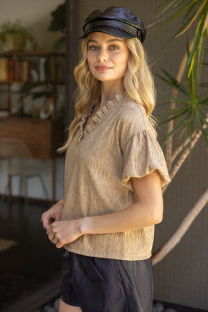 Taupe ruffle vneck blouse