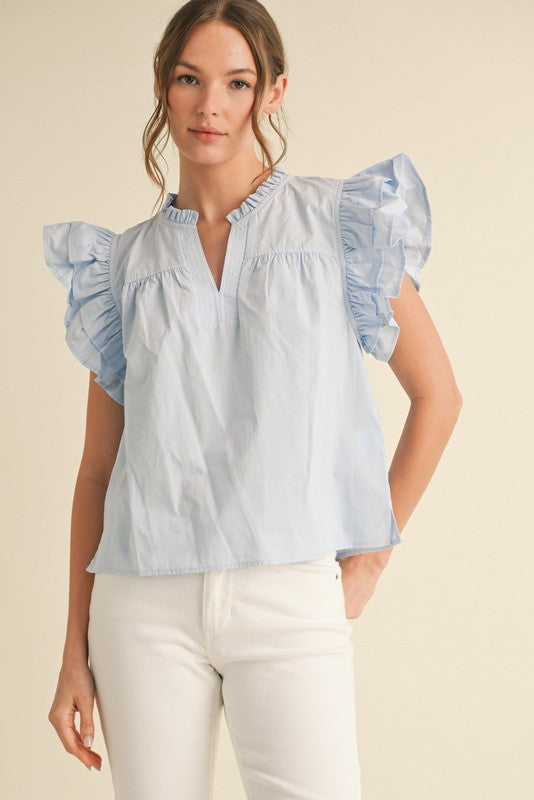 Solid Ruffle Shoulder Blouse