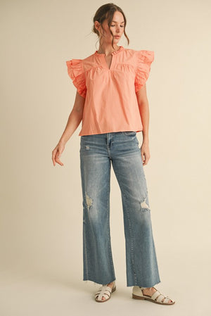 Solid Ruffle Shoulder Blouse