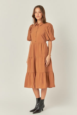 Button Front Camel Midi