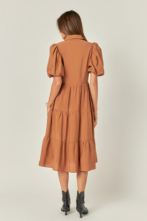 Button Front Camel Midi