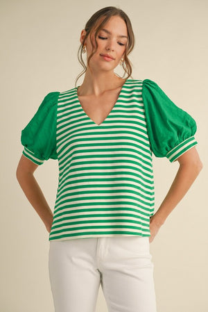 Vneck stripe with puff sleeve Green