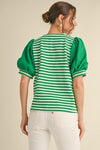 Vneck stripe with puff sleeve Green