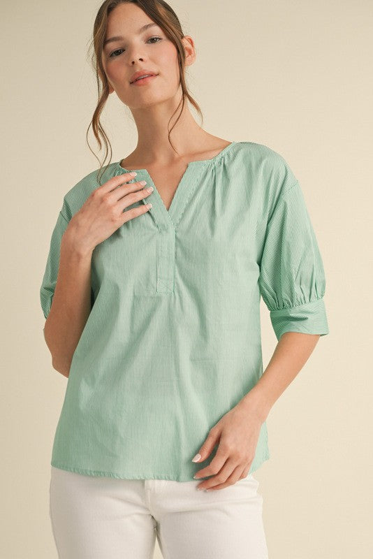 Stripe Blouse w/ banded cuff GREEN