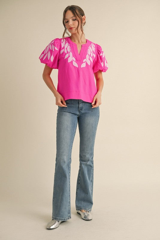 Leaf Embroidered Puff Sleeve Blouse
