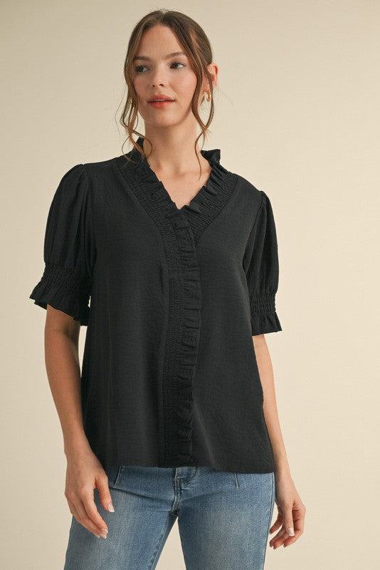 Smocked Frill Vneck Blouse
