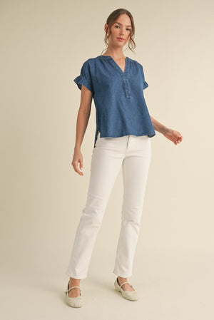 Denim flutter sleeve top