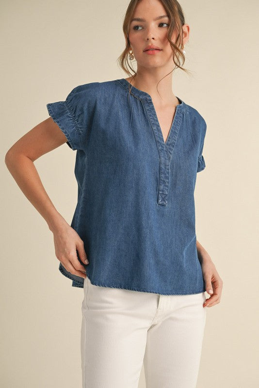 Denim flutter sleeve top