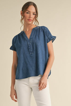 Denim flutter sleeve top