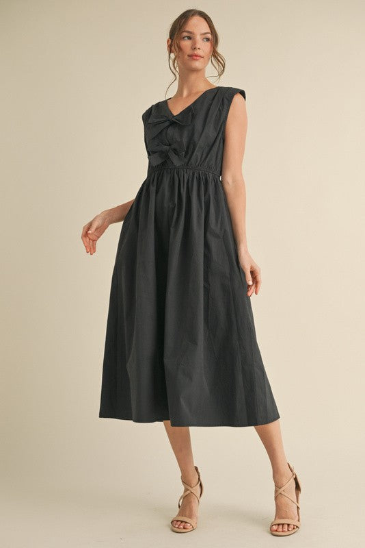 Black Poplin Front Bow Midi
